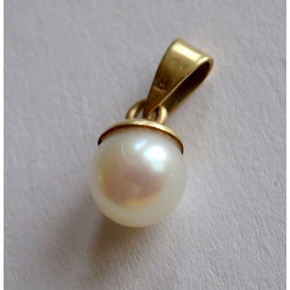 14K Signed Yellow Gold Pendant Bail 6mm Authentic Pearl High Luster .68 grams - Picture 6 of 10